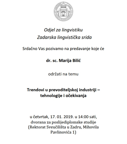 Lingvistička srida: predavanje dr. sc. Marije Bilić na temu "Trendovi u prevoditeljskoj industriji - tehnologije i očekivanja 
